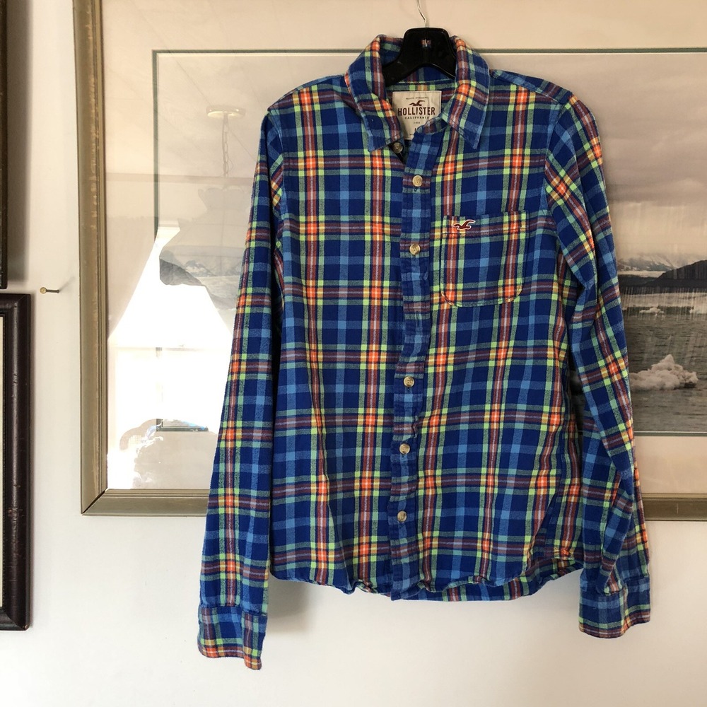 Hollister Blue Orange Colorful Plaid Flannel Long Sleeve Button Up Shirt M A1528
